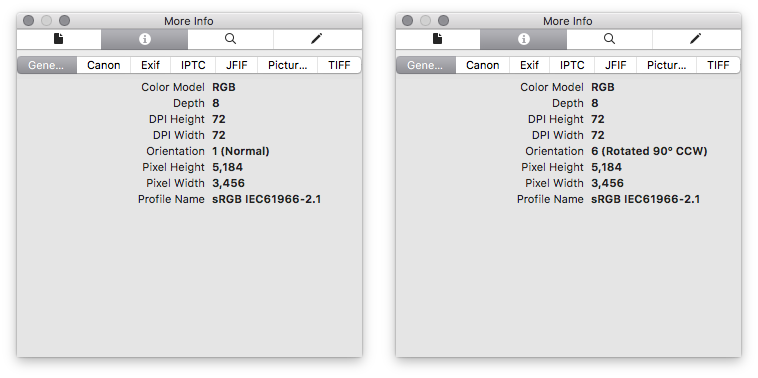 Showing the EXIF information for the two images in Previews Inspector