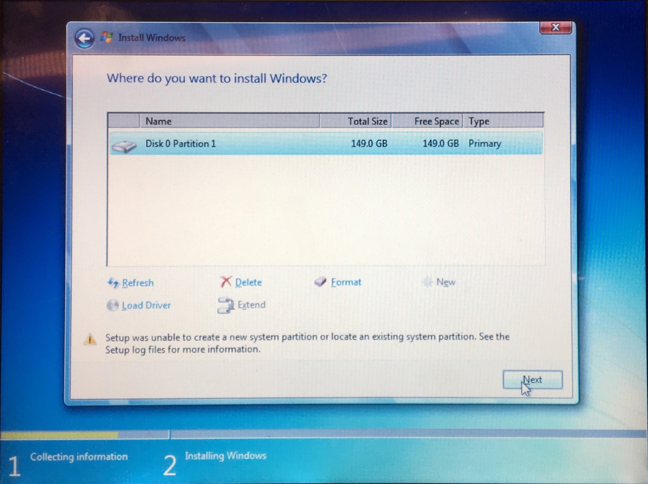 Screen shot showing the error message while installing Windows 7 from a Kingston DataTraveler USB stick.