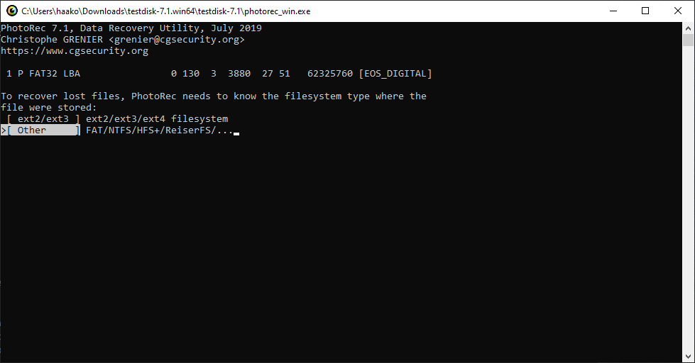 PhotoRec command line window - Select filessytem
