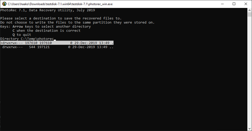 PhotoRec command line window - Select where to store recovered files