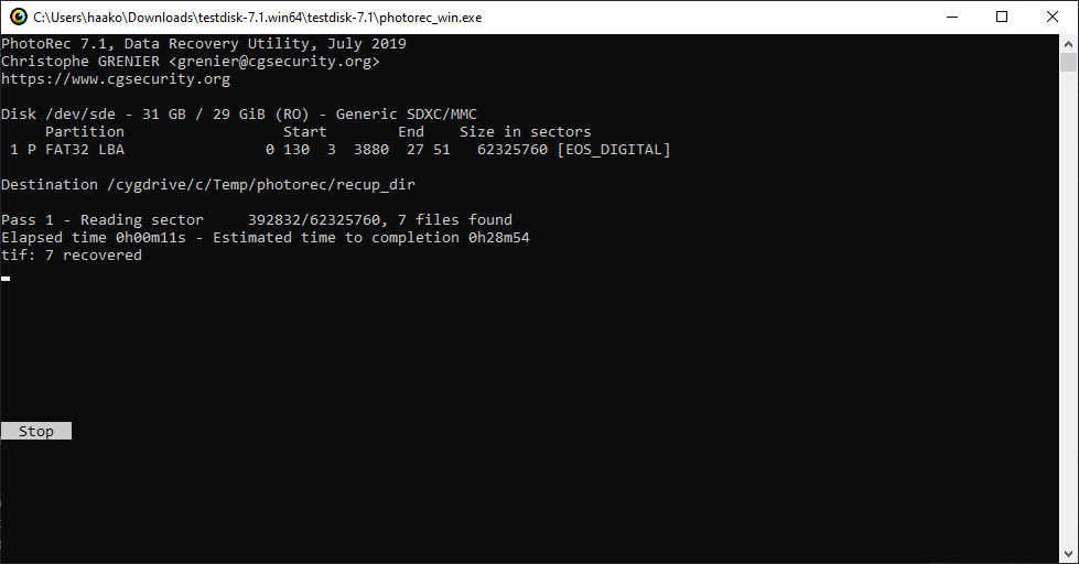 PhotoRec command line window - Progress - Recovering files