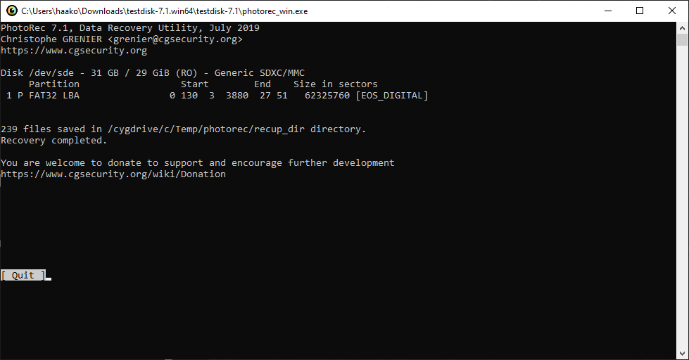 PhotoRec command line window - Progress - Finished